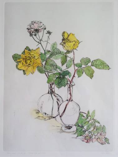 Framed etching and watercolour `Roses - June` by Gillian Whaite, English